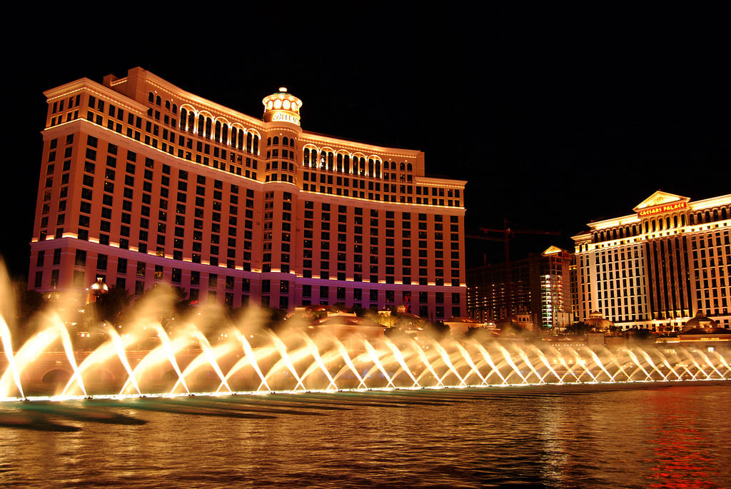 Bellagio casino architecture with fountain view