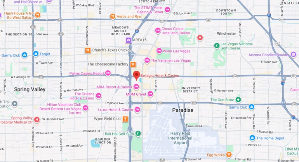 Las Vegas map showing Bellagio casino position