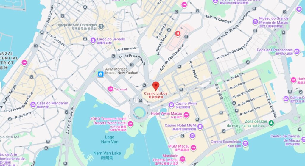 Macau city map with Grand Lisboa casino landmark