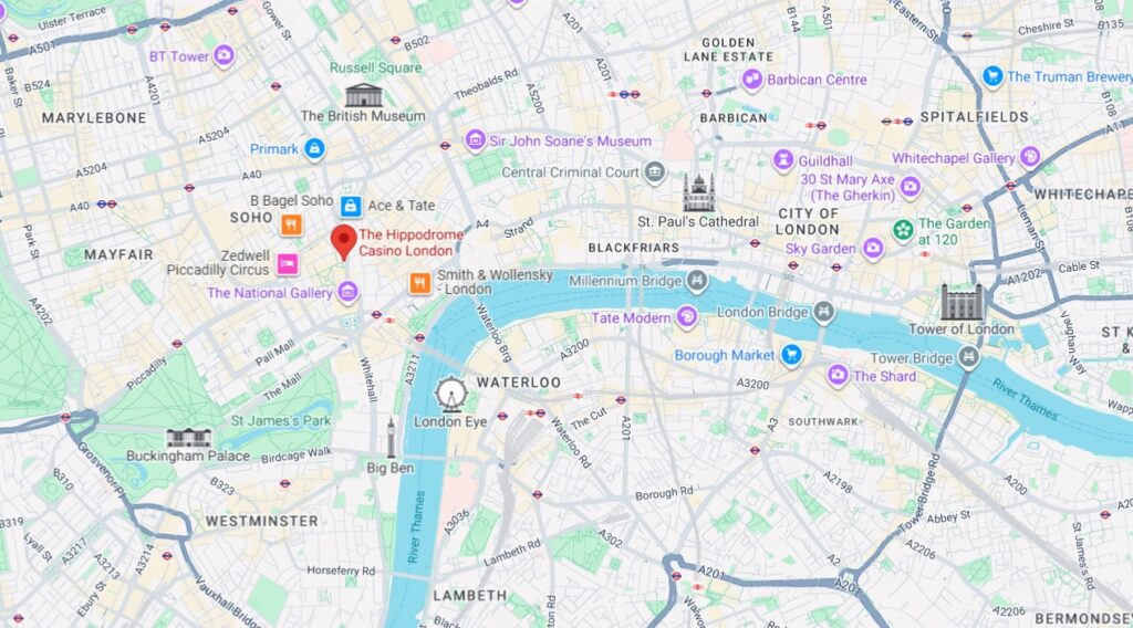 Map of London with Hippodrome casino landmark