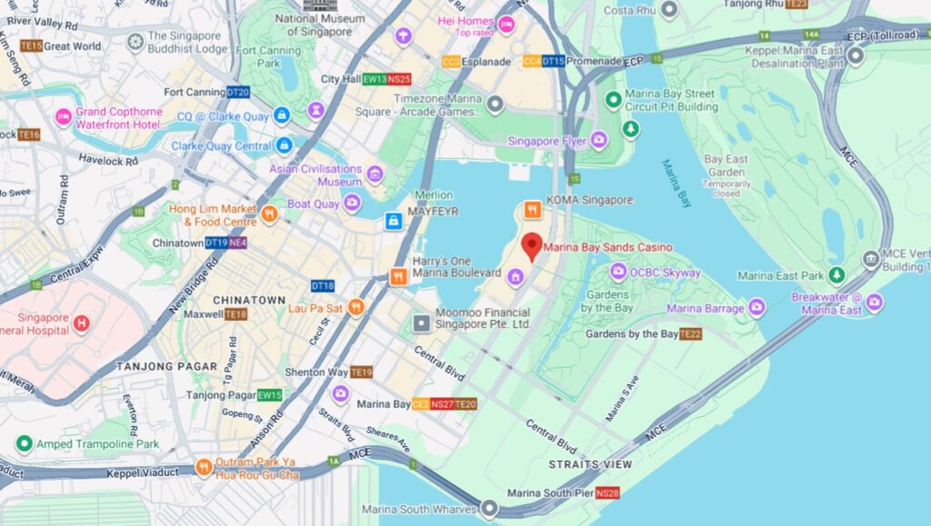 Singapore map showing Marina Bay Sands casino landmark