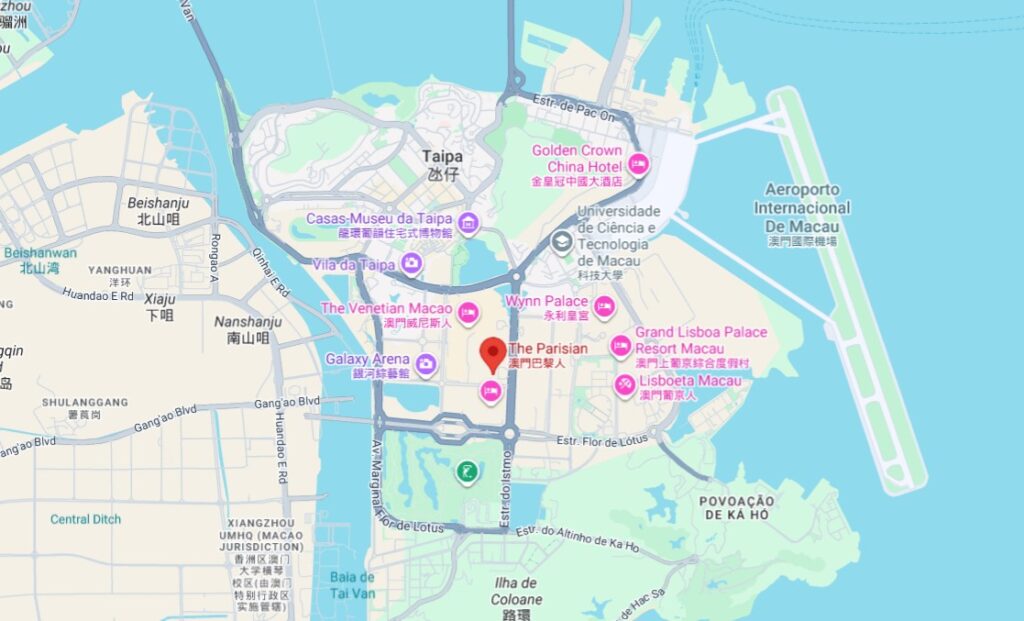 Map of Macau showing Parisian casino in city design