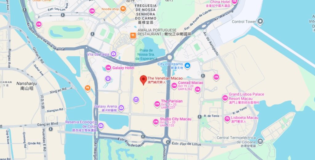 City map highlighting Venetian Macao casino landmark