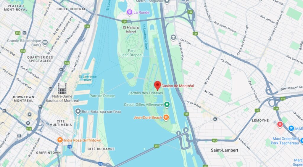 Map showing Casino de Montréal landmark in city layout